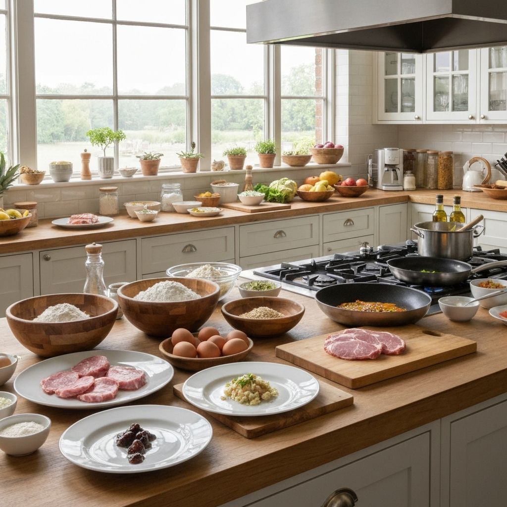 British kitchen with varied ingredients and meals