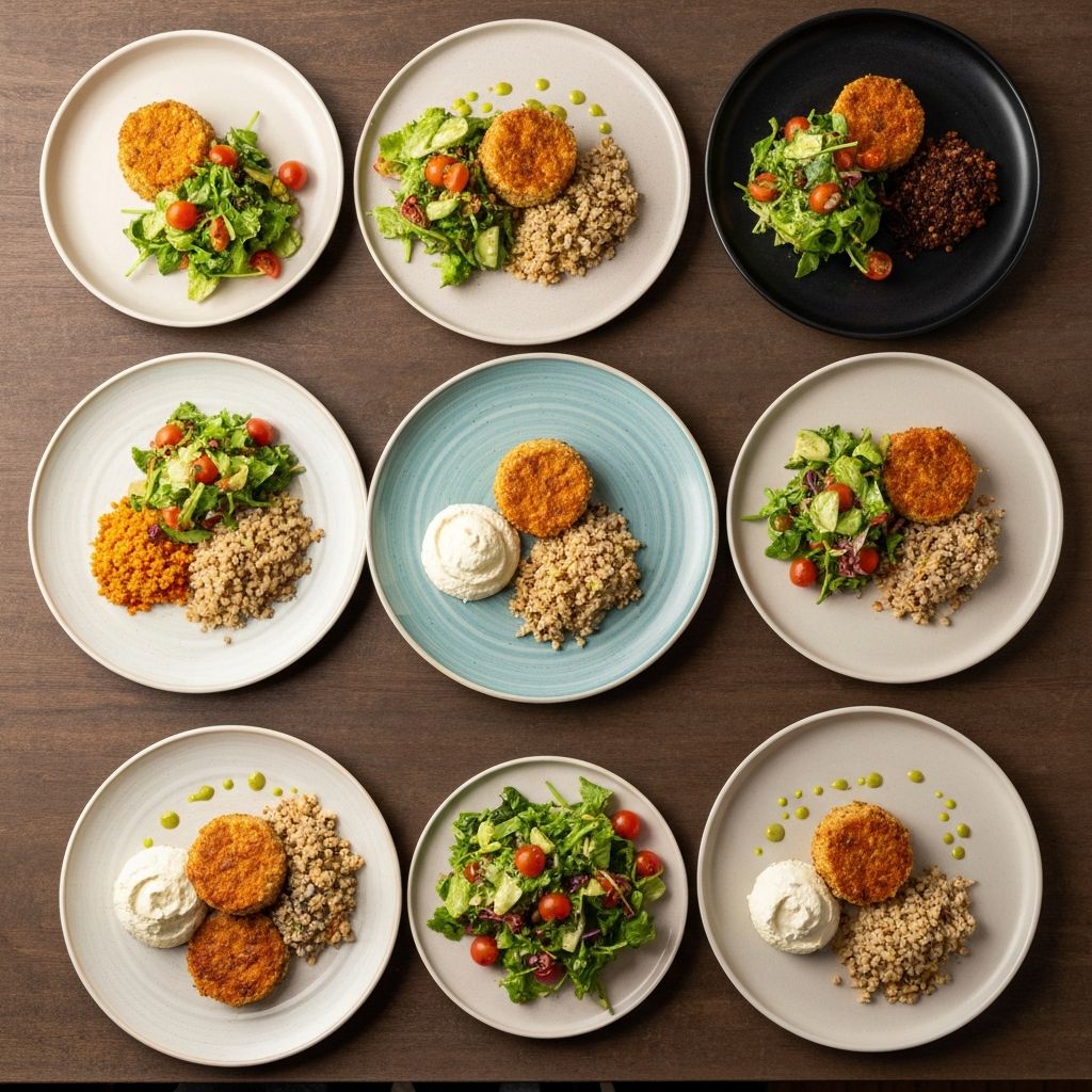 Diverse plates with identical meals arranged differently